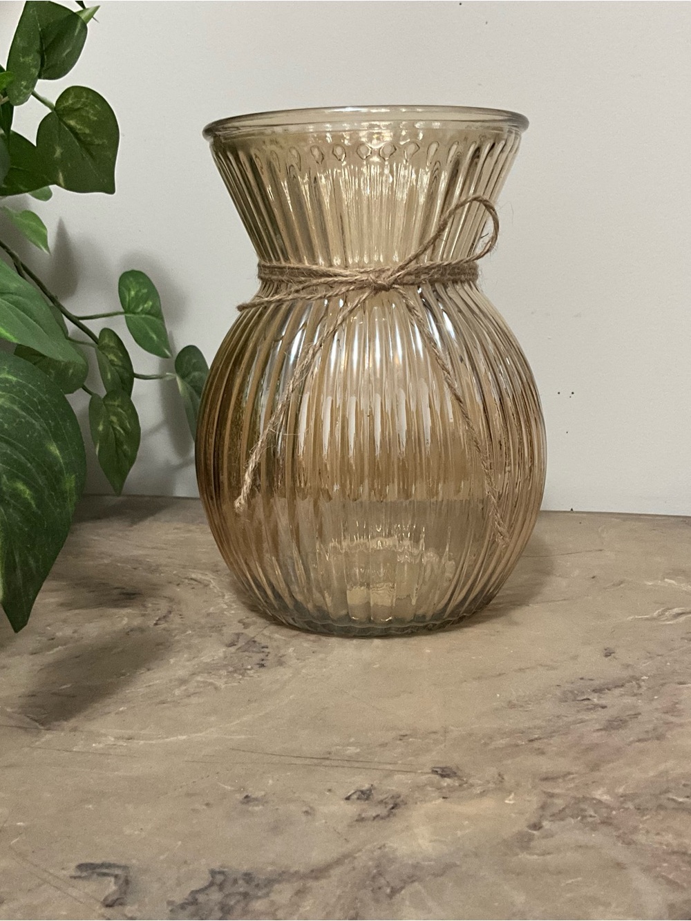 Amber Ribbed Glass Vase with Twine Accent - Home Accents